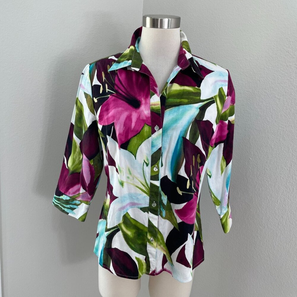 Chico's Floral Button-Up Top in Magenta, Green, Teal, White